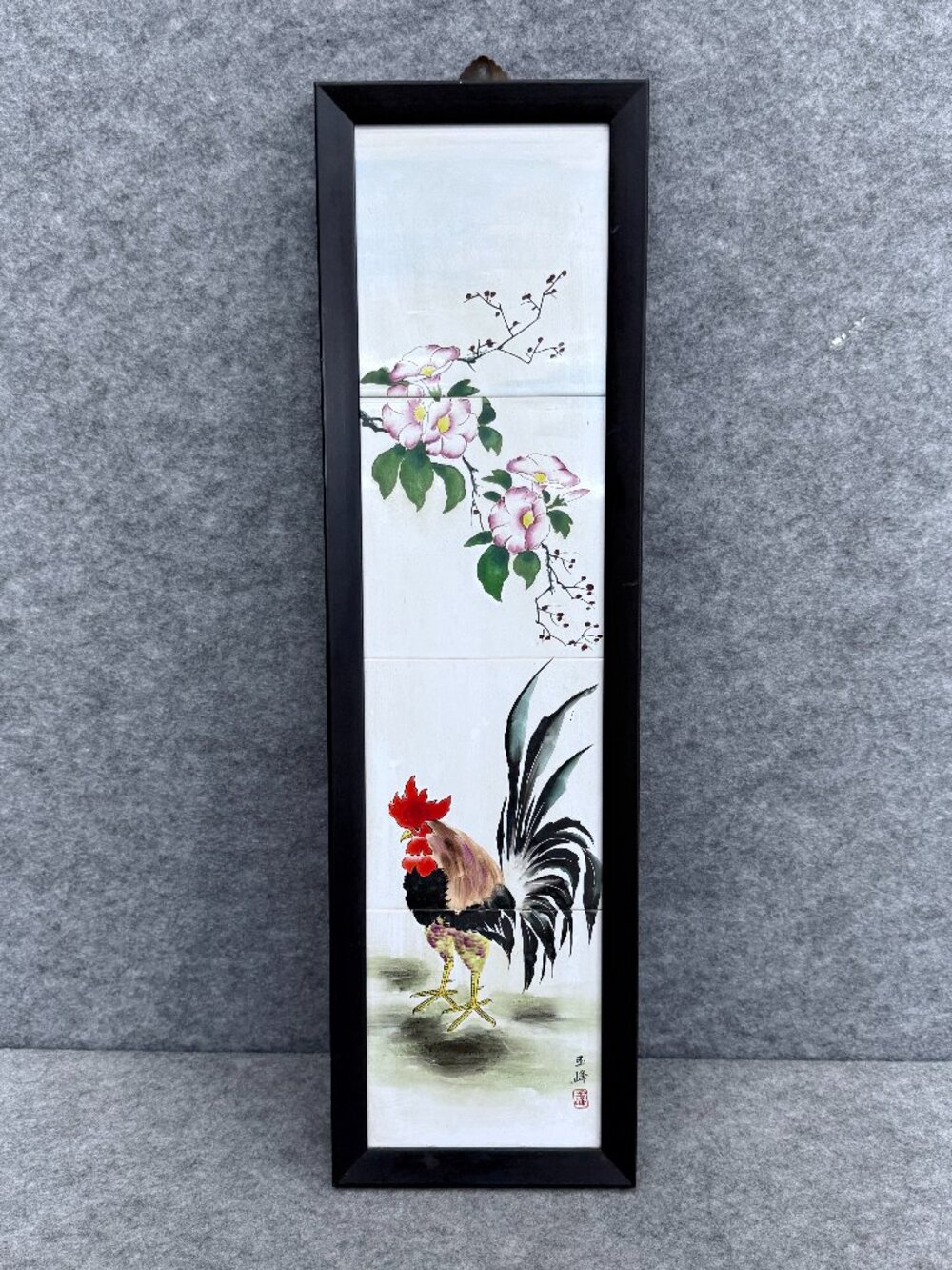Vintage Japanese Hand-Painted Ceramic Tile Wall Art - Rooster & Plum Blossoms